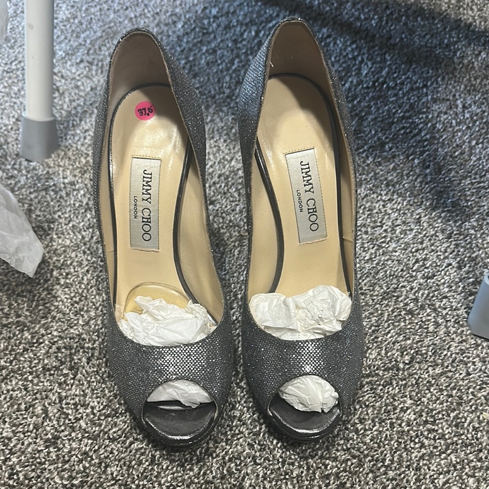 Jimmy Choo Silver Glitter Platform Heels